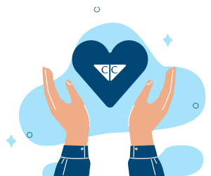 Hands surrounding a heart with a cc logo